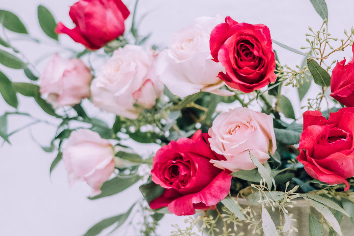 Bouquet of red and pink roses with greenery on a light background